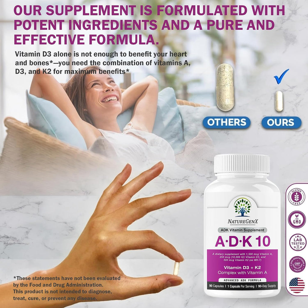 NatureGenX ADK10 – Vitaminas A, D3 y K2 MK-7 (90 Cápsulas)