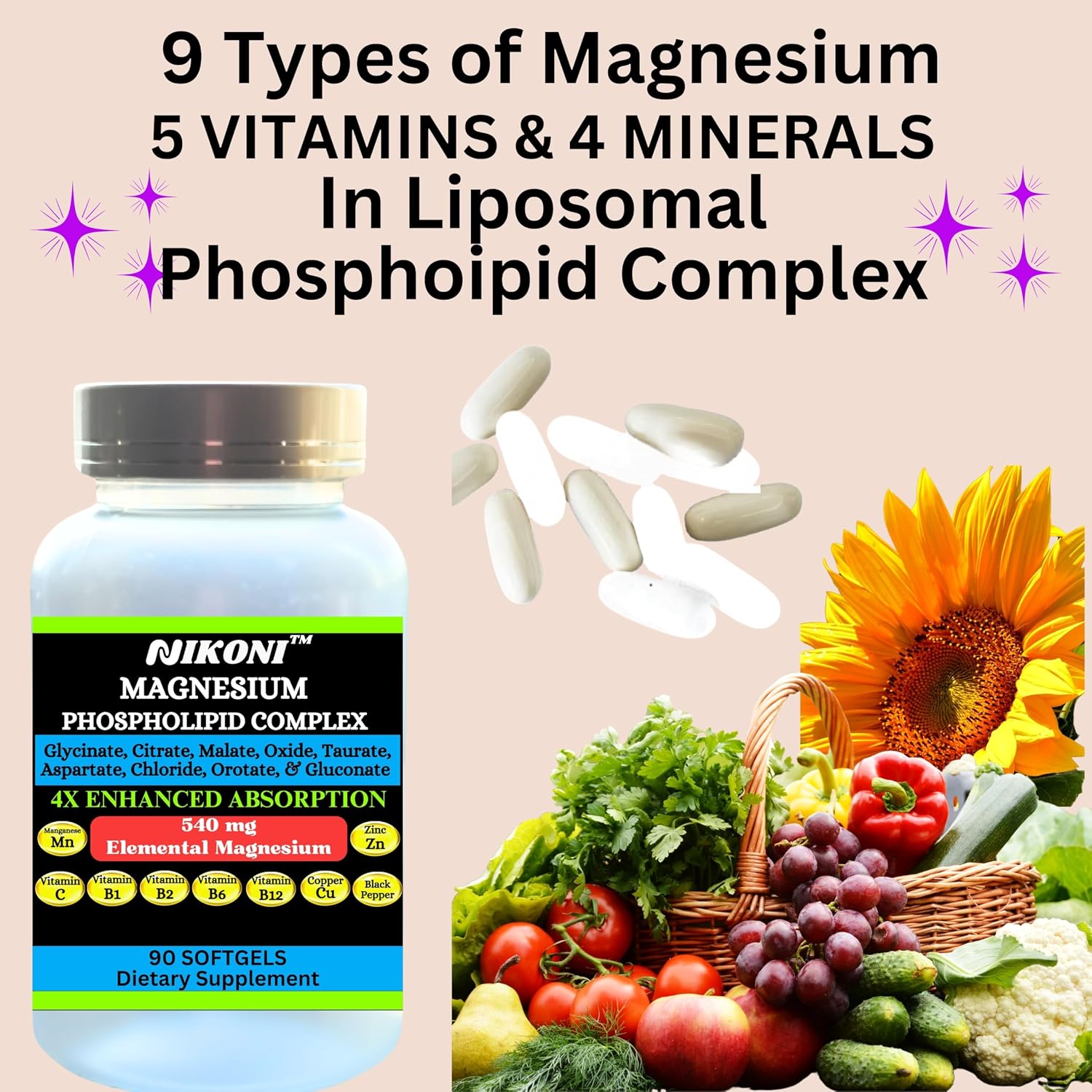 Nikoni Phospholipid Magnesium Complex 2500mg (9 Sales de Magnesio, 5 Vitaminas y 3 Minerales) (180 Cápsulas Blandas)