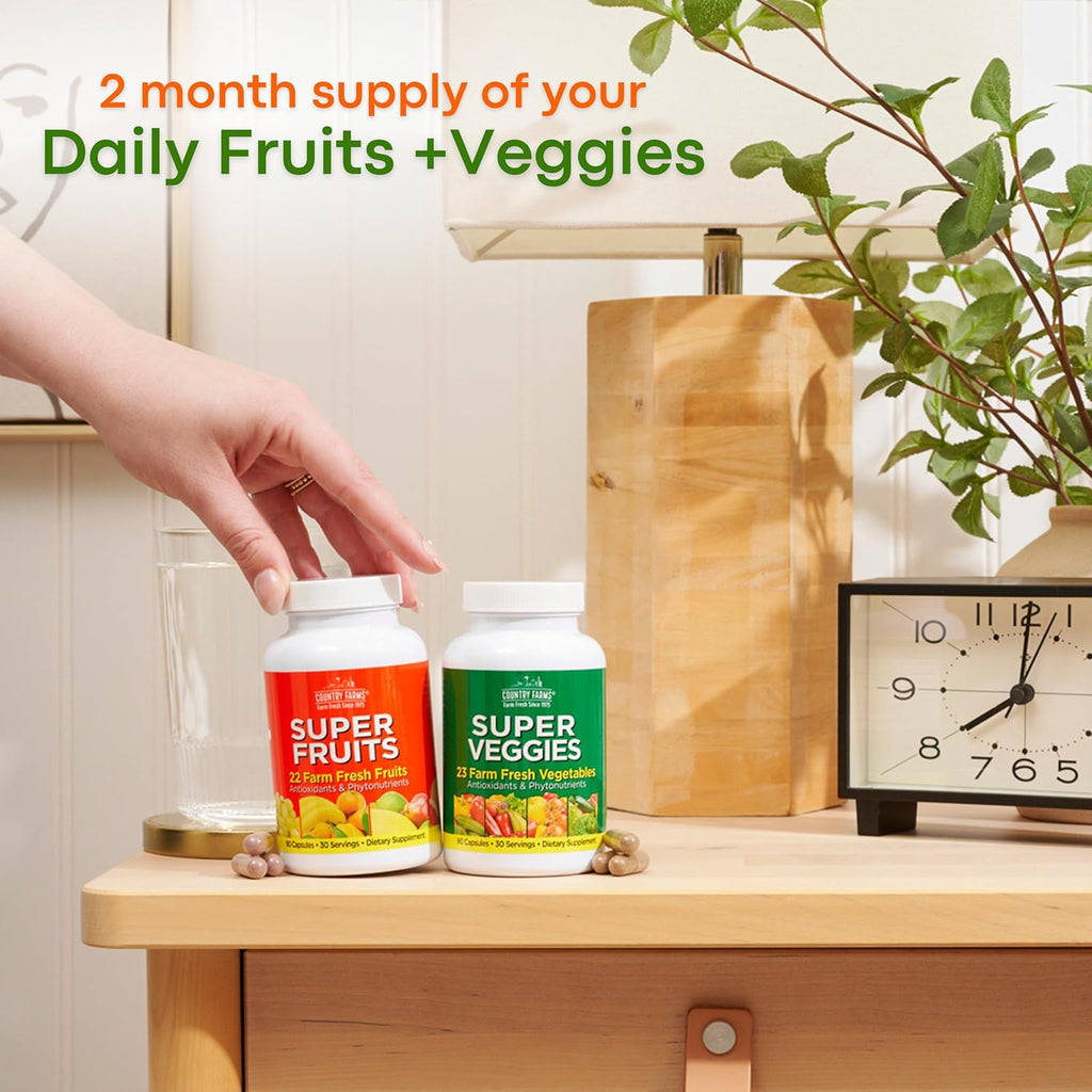 Country Farms Suplemento de Frutas y Verduras, 180 Cápsulas de Fruta y 180 de Verdura, Superalimentos Verdes y Rojos, Antioxidantes, 60 Dosis
