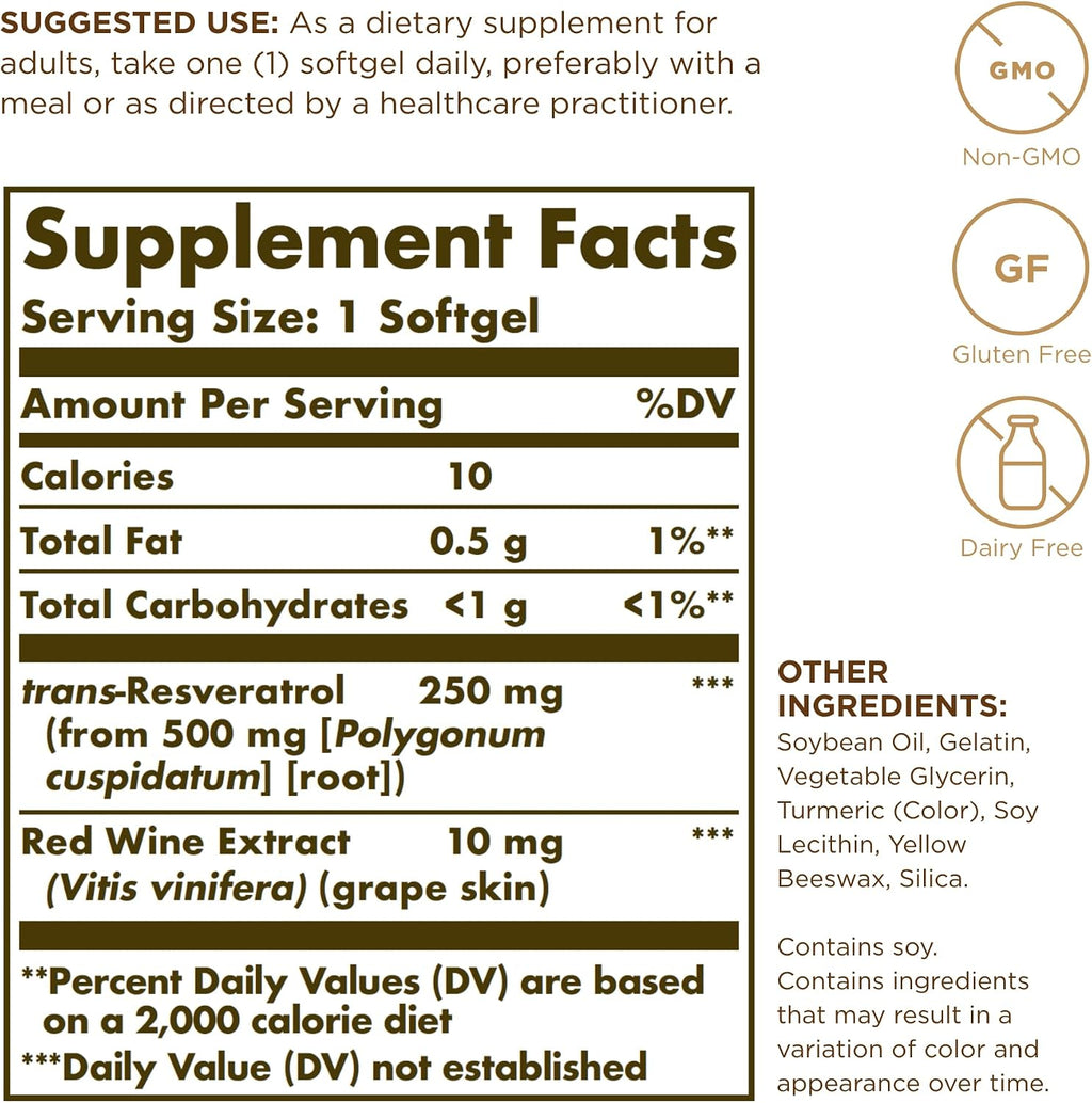 Solgar Resveratrol 250 mg con Extracto de Vino Tinto - 30 Cápsulas Blandas - Antioxidante