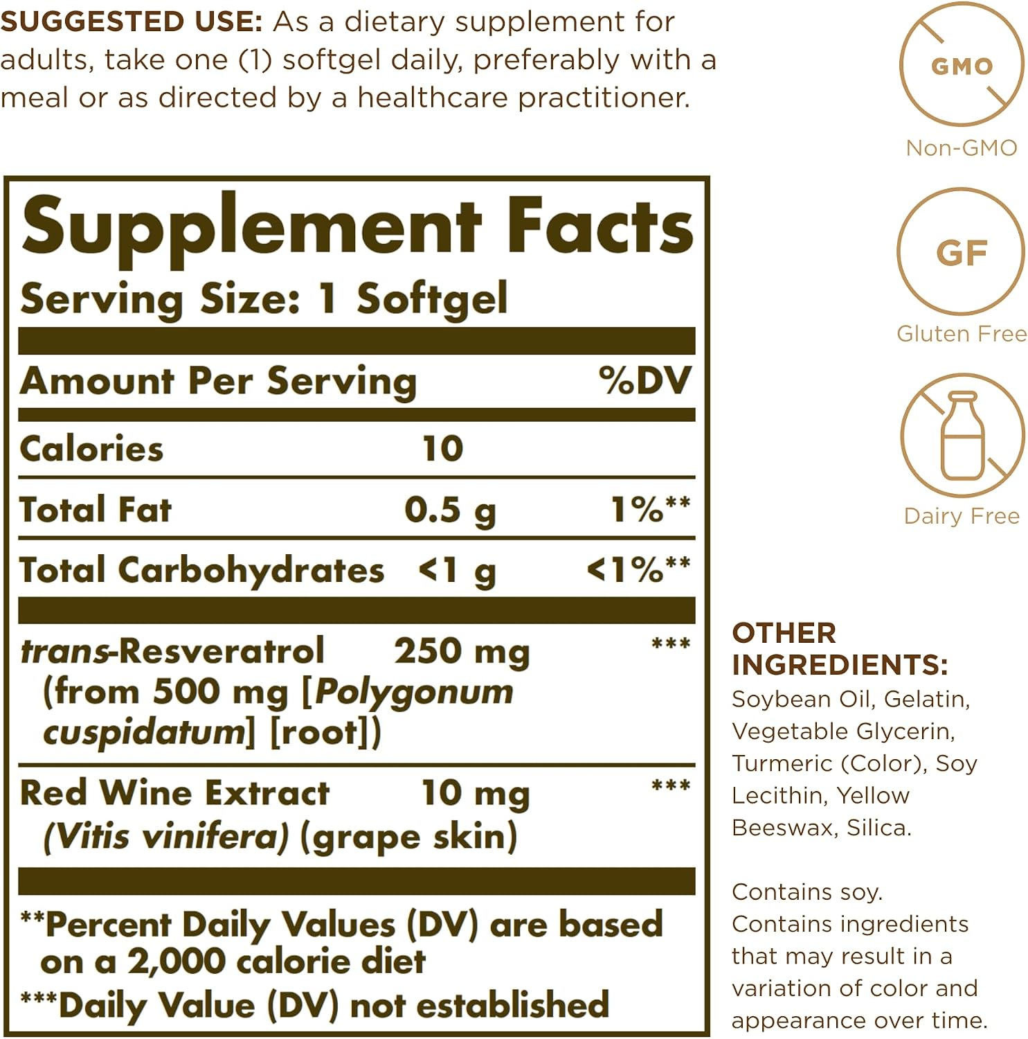 Solgar Resveratrol 250 mg con Extracto de Vino Tinto - 30 Cápsulas Blandas - Antioxidante