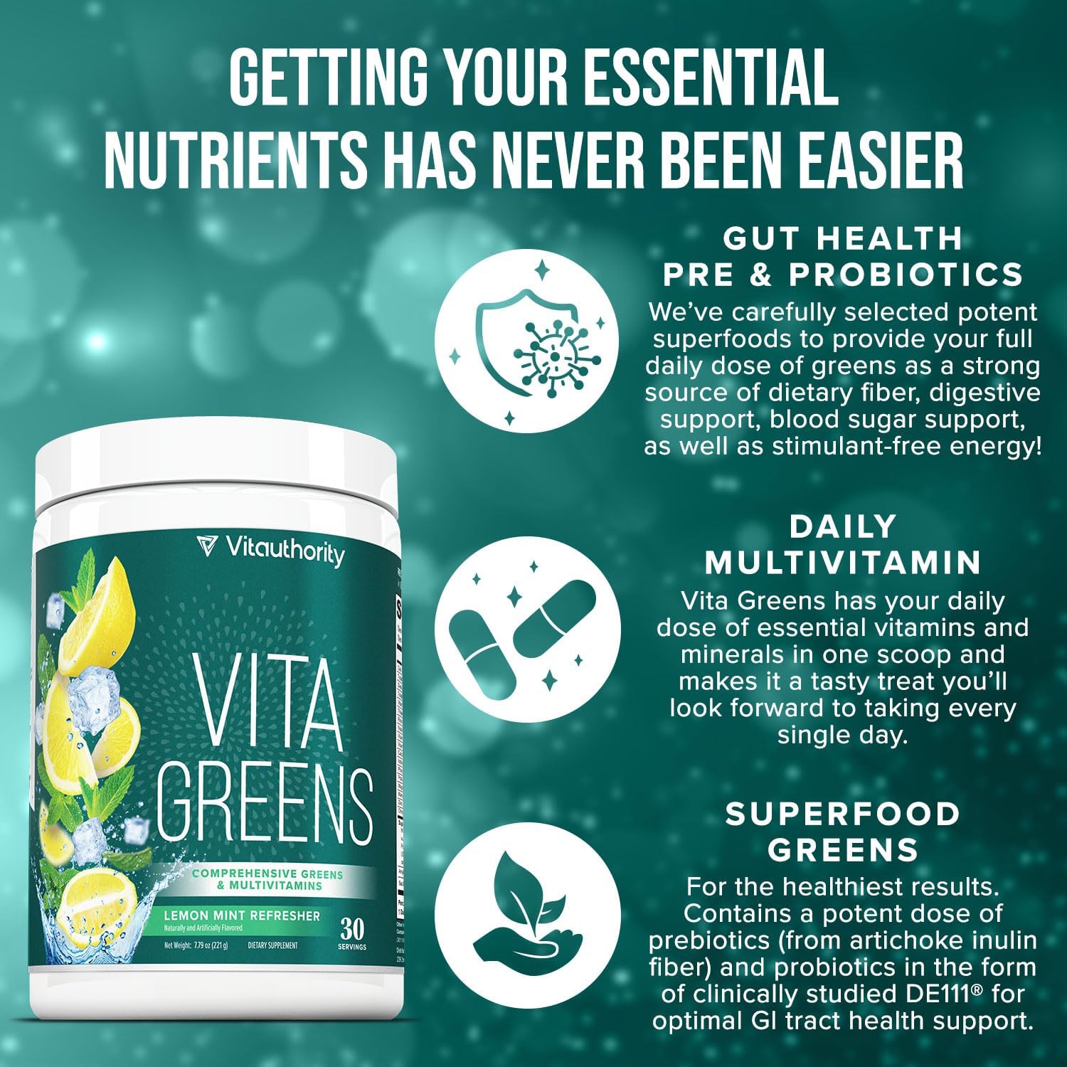 Vitauthority Vita Greens Superfood Powder - Multivitamínico Diario con Probióticos y Prebióticos