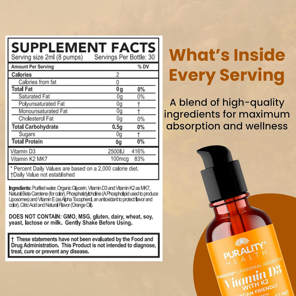 PURALITY HEALTH Vitamina D3 con K2 Líquido Vegano, Absorción Liposomal, 30 Días