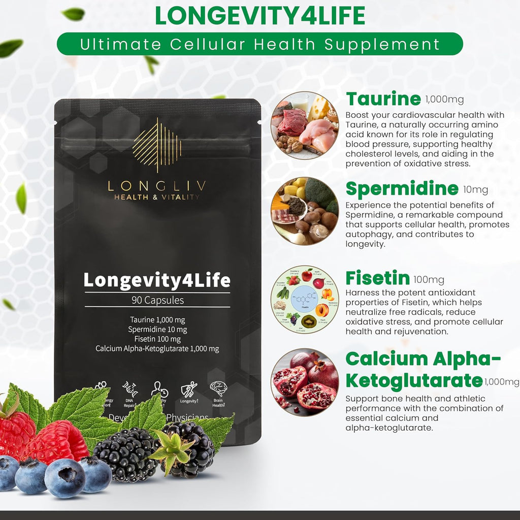Longevity4Life – Suplemento Celular con Fisetina, Taurina, AKG y Espermidina