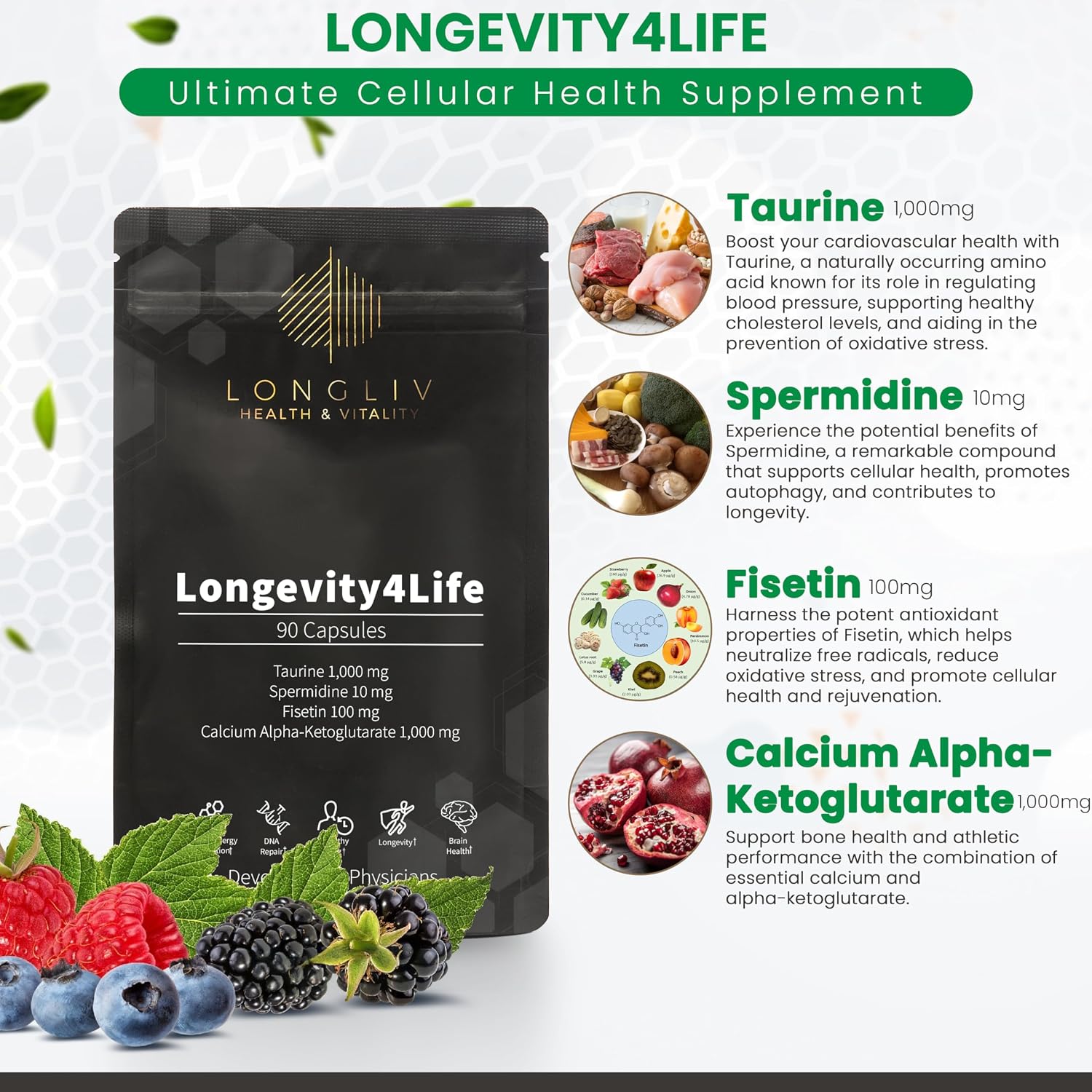 Longevity4Life – Suplemento Celular con Fisetina, Taurina, AKG y Espermidina