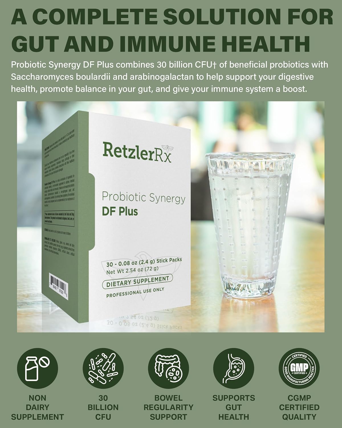Probiotic Synergy DF Plus - 30 Billion CFU with Saccharomyces boulardii and Arabinogalactan - 30 Sachets - Comprehensive Support for Intestinal Ecology* - Professional Formula