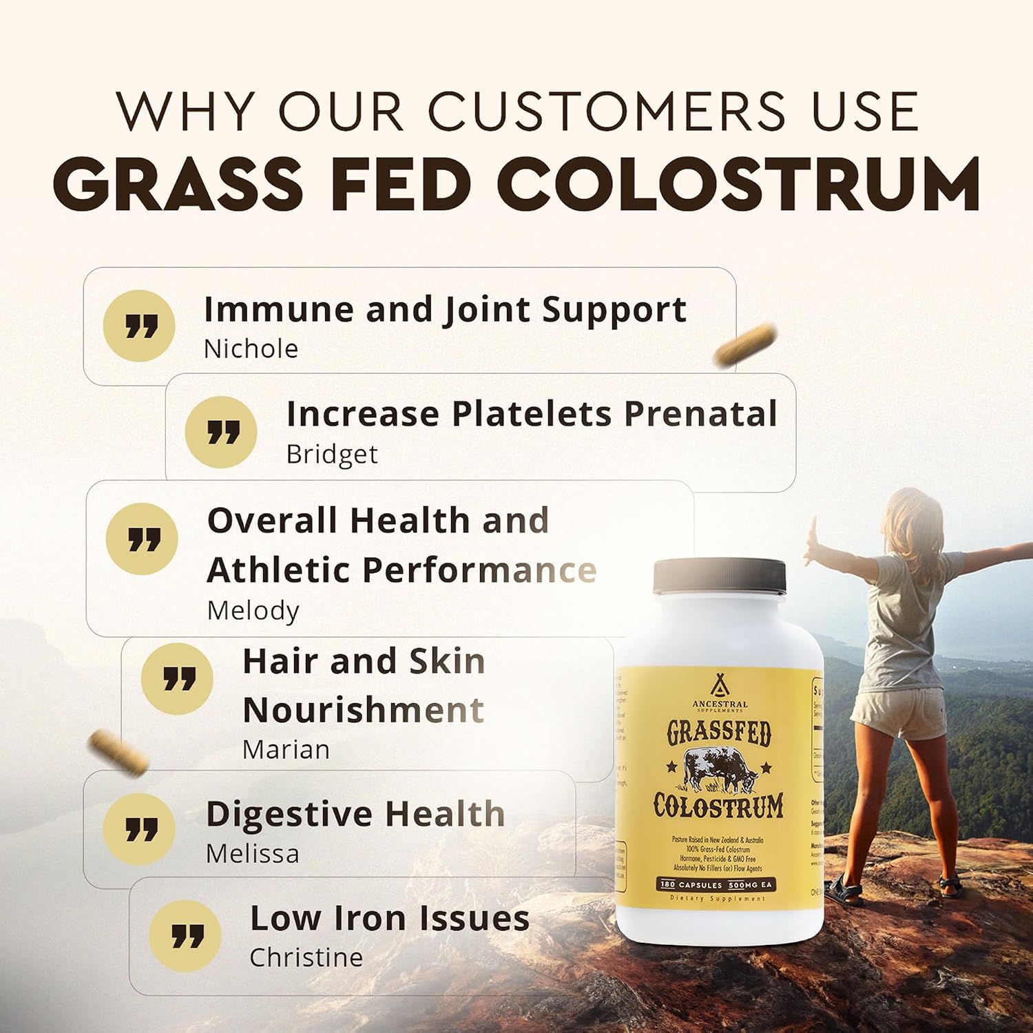 Ancestral Supplements Suplemento de Calostro Bovino Grass Fed, 3000 mg, 180 Cápsulas