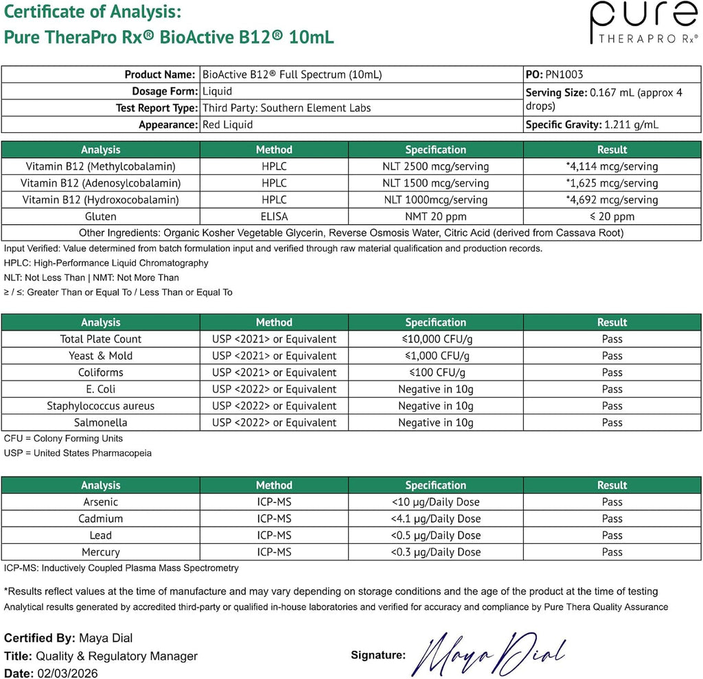 Pure Therapro Rx Vitamina B12 Sublingual - 5000 mcg con Metilcobalamina, Adenosilcobalamina e Hidroxocobalamina - 10 ml