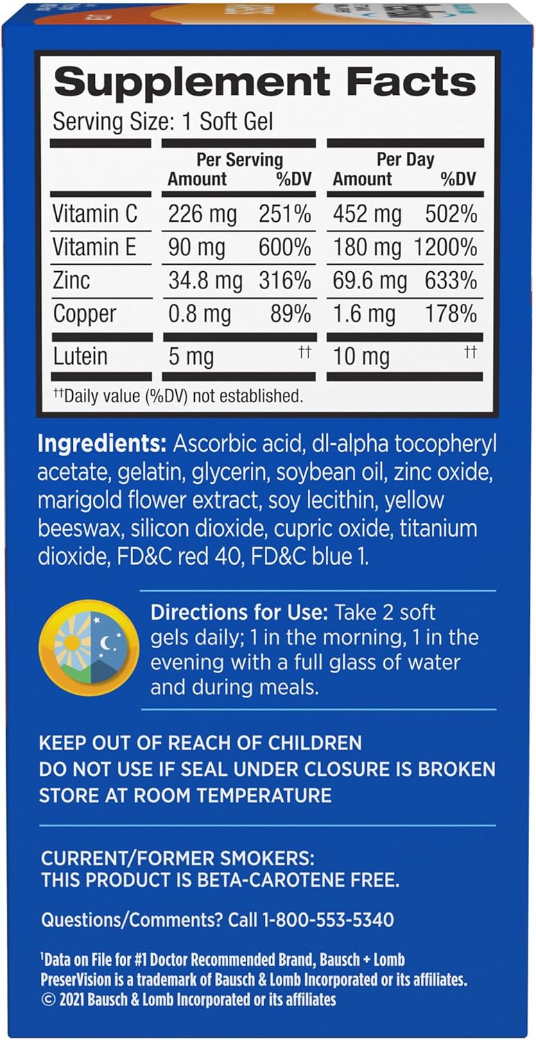 PreserVision AREDS Lutein – Ocular Multivitamin with Lutein, Vitamins C and E, Zinc, and Copper, 120 Softgels