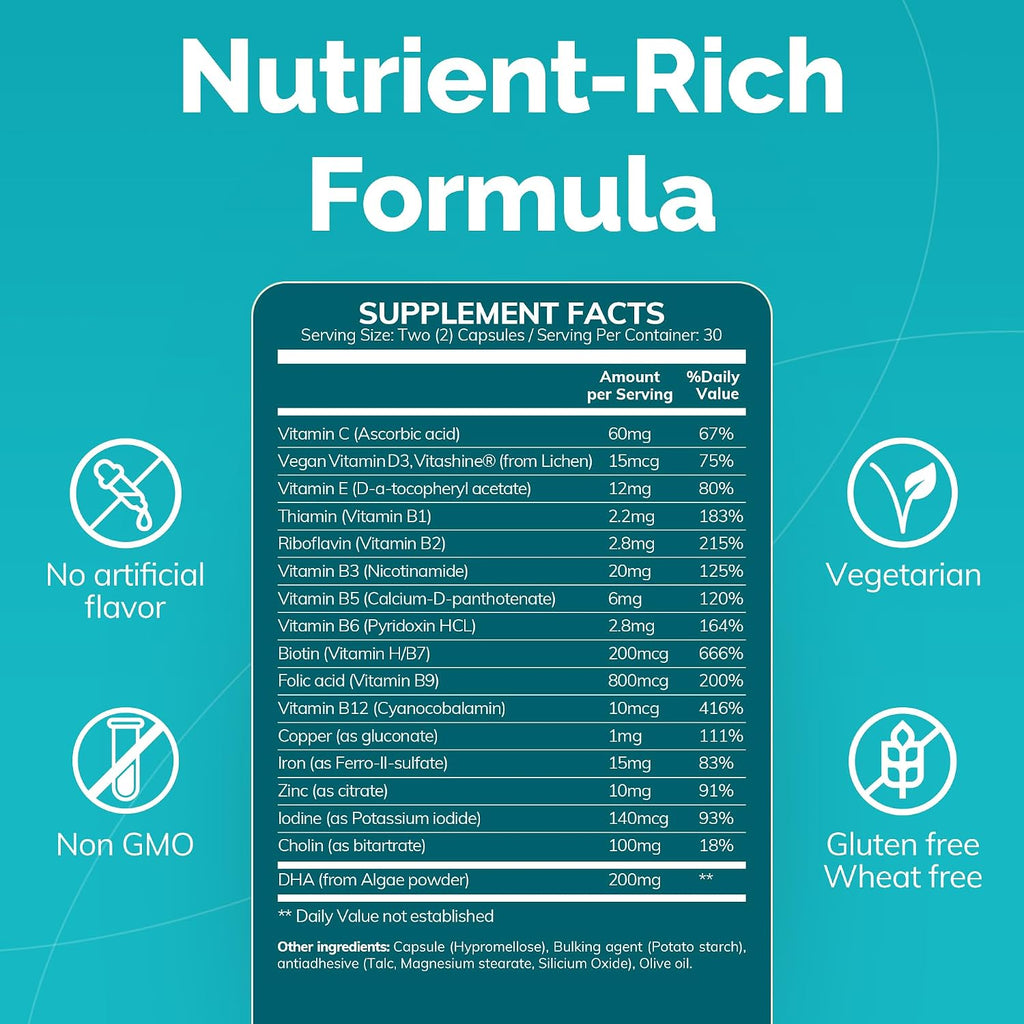 Conceive Plus Vitaminas Prenatales con Ácido Fólico, DHA y Colina - 60 Cápsulas Veganas