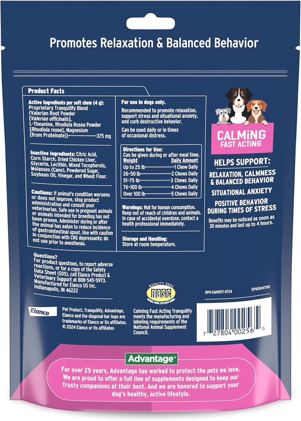 Pet Protect Tranquilify - Suplemento Calmante de Acción Rápida para Perros, Masticables Sabor Pollo (60 unidades)