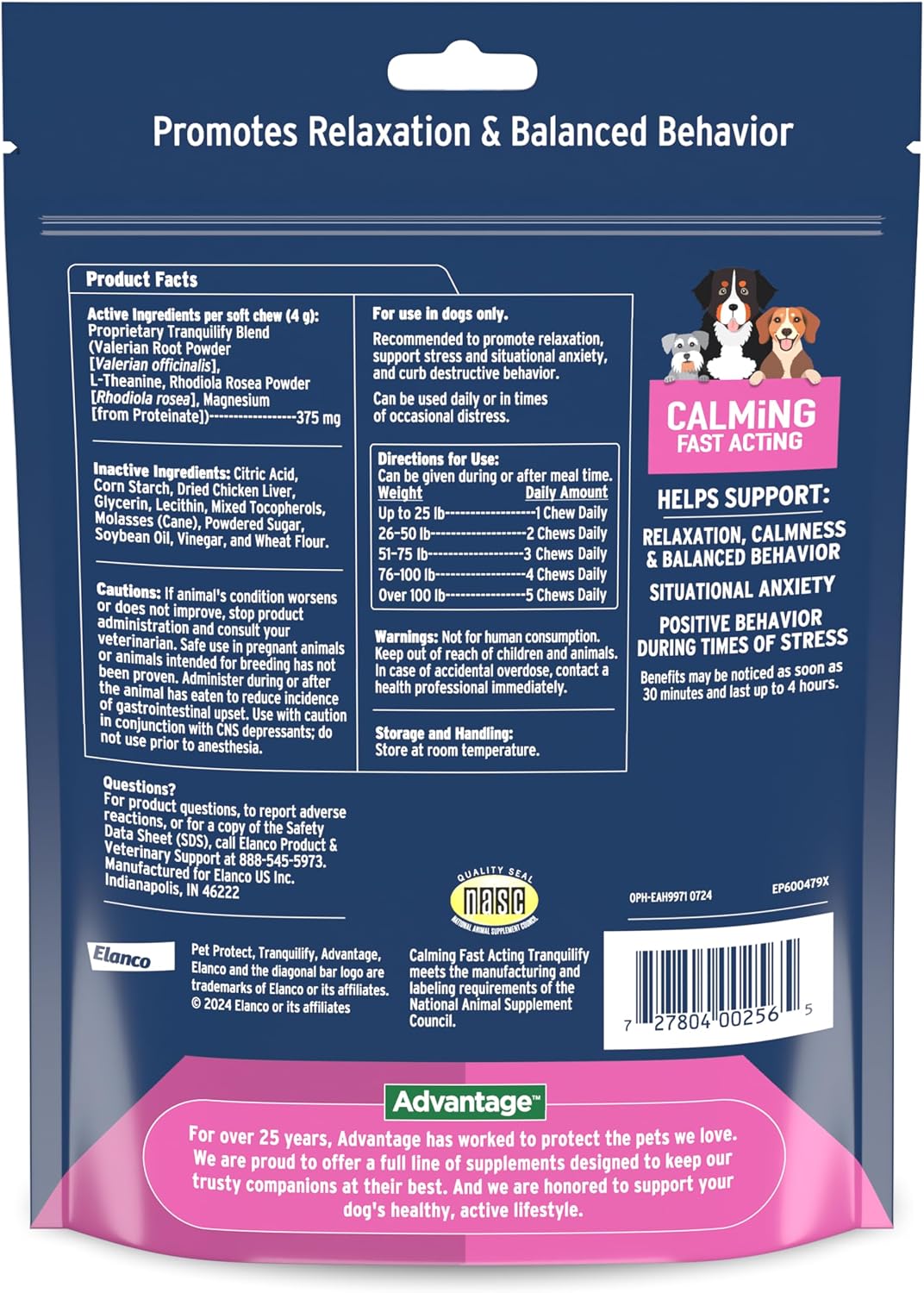 Pet Protect Tranquilify - Suplemento Calmante de Acción Rápida para Perros, Masticables Sabor Pollo (60 unidades)