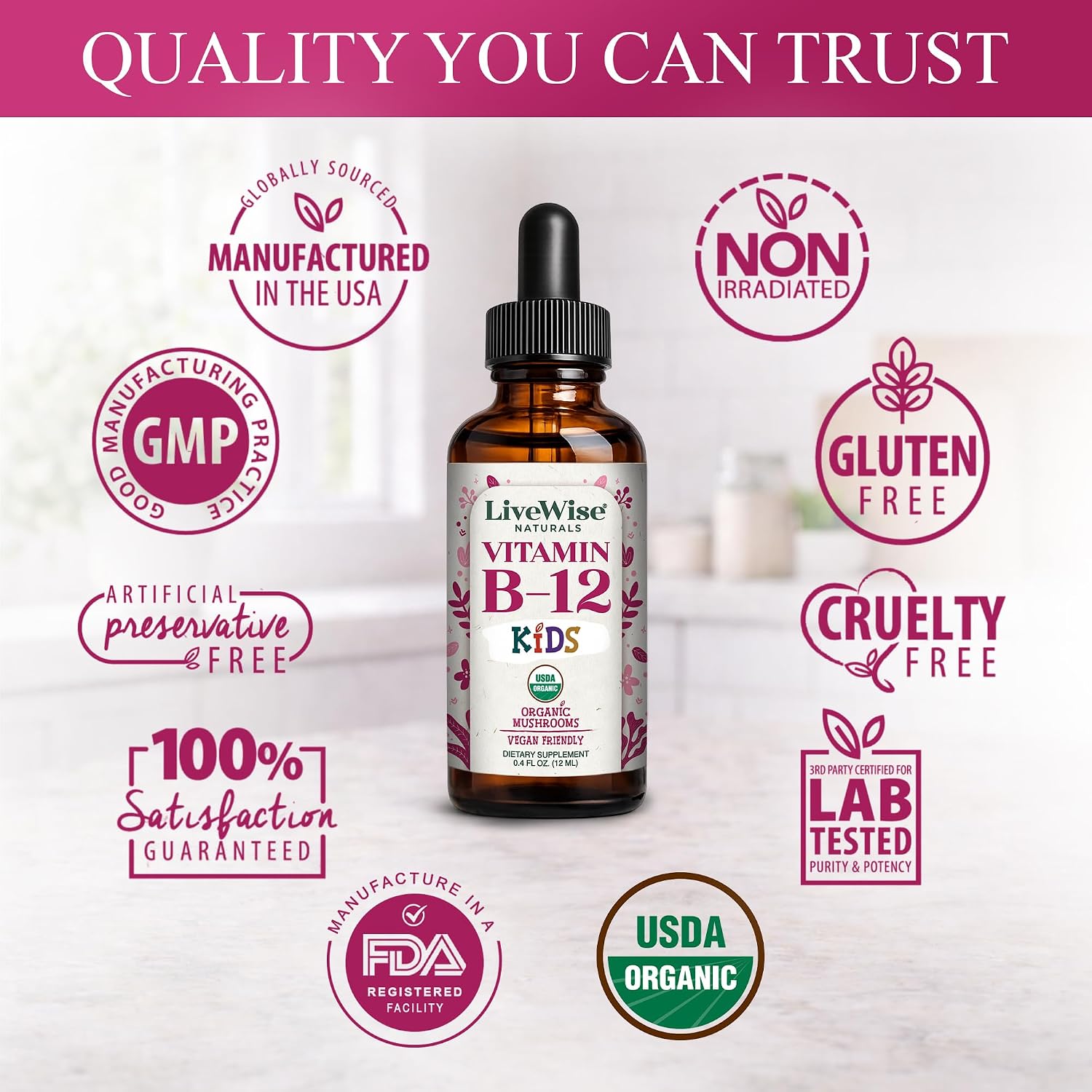 Live Wise Naturals Gotas de Vitamina B12 para Niños - 5mcg por 2 gotas - Vegano, Sin Gluten, No GMO