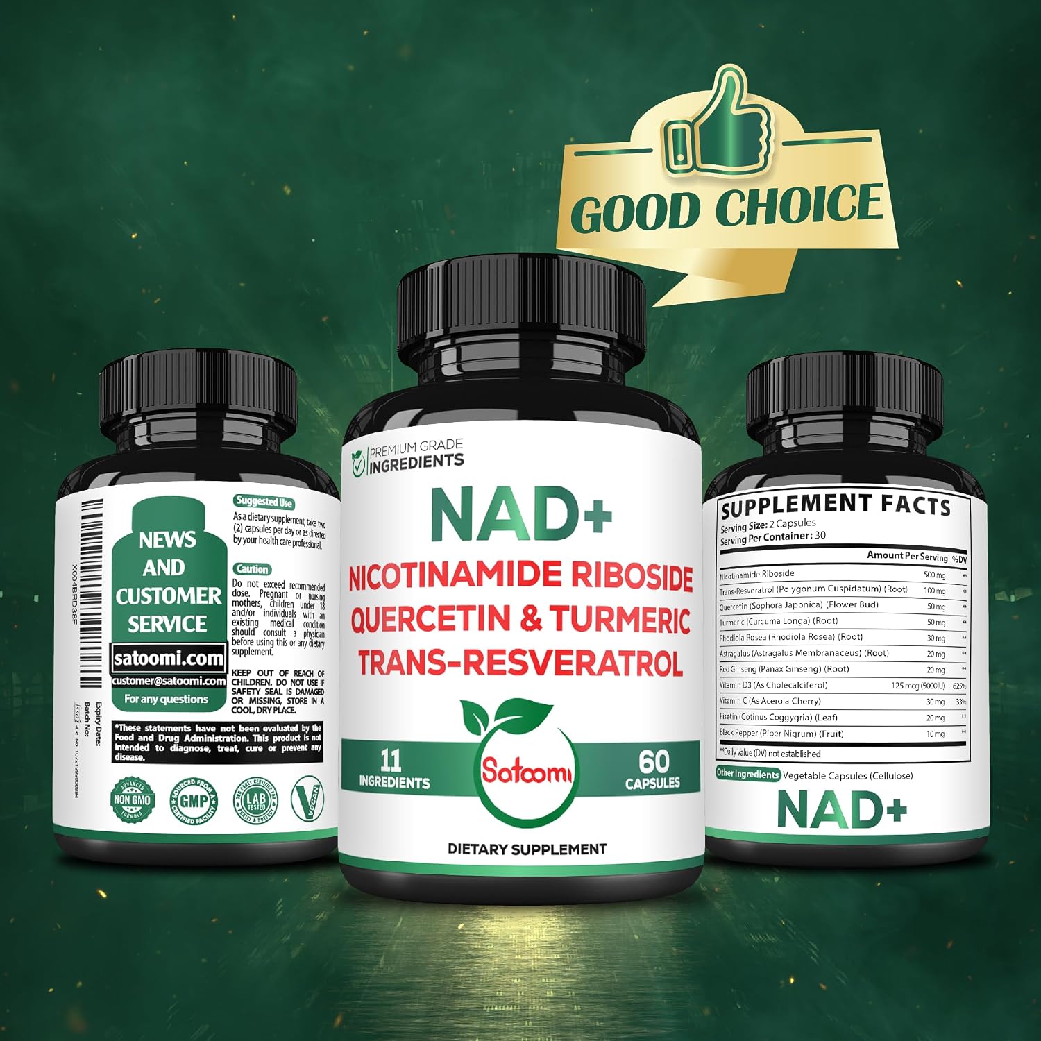 Satoomi NAD Suplemento para Mujeres - Nicotinamida Ribósido Resveratrol 900mg, Quercetina, Cúrcuma, Astrágalo, Ginseng, Vitamina D3, Vitamina C - 60 Cápsulas