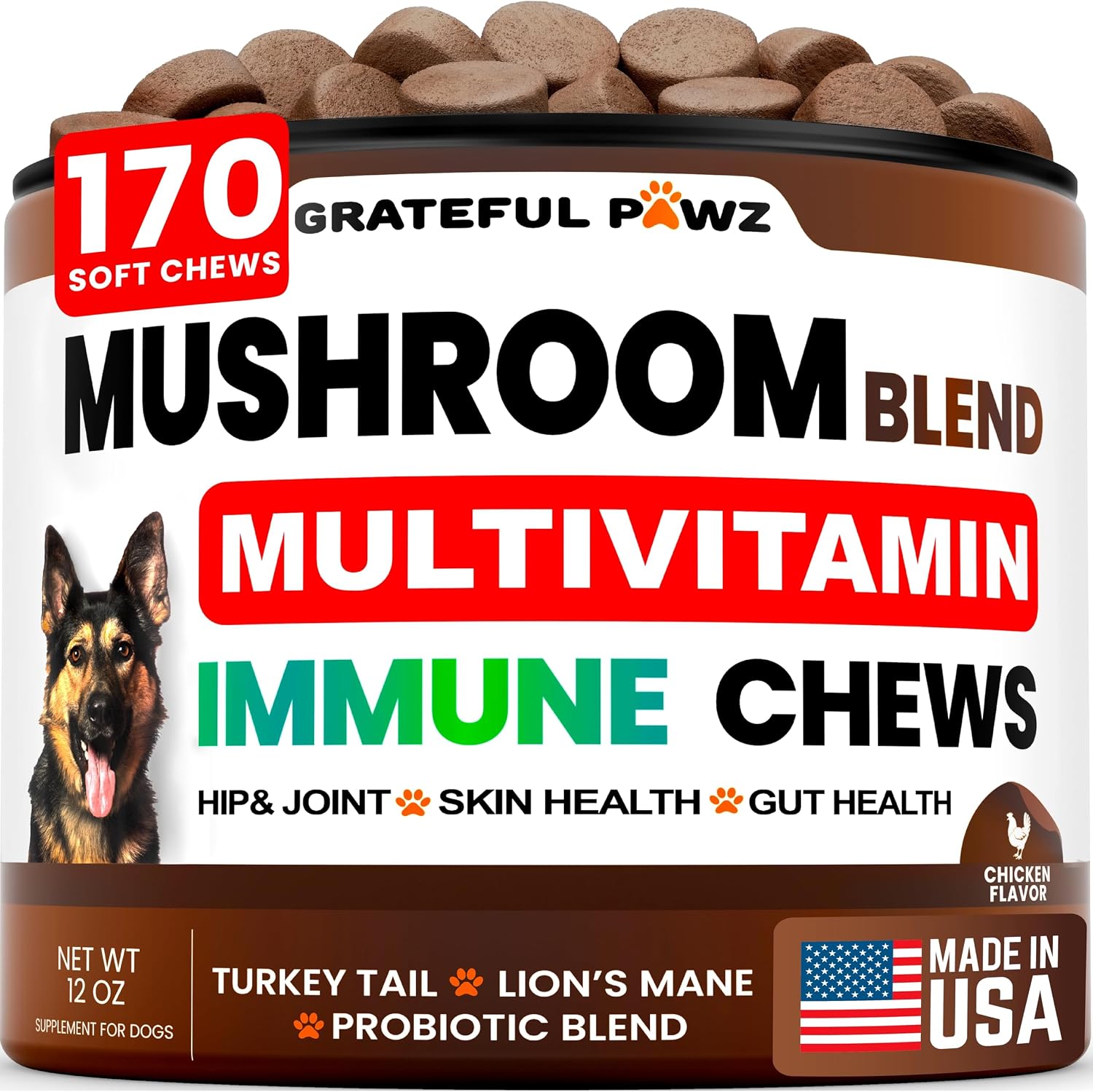 Grateful Pawz Multivitamínico Masticable 11 en 1 para Perros con Glucosamina y Probióticos