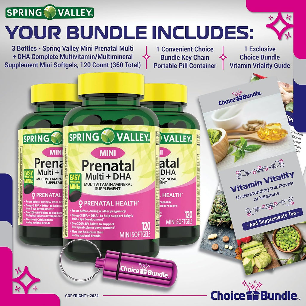 Choice Bundle Spring Valley Prenatal Multi + DHA Complejo Multivitamínico y Mineral, 360 mini softgels + Guía y Pastillero