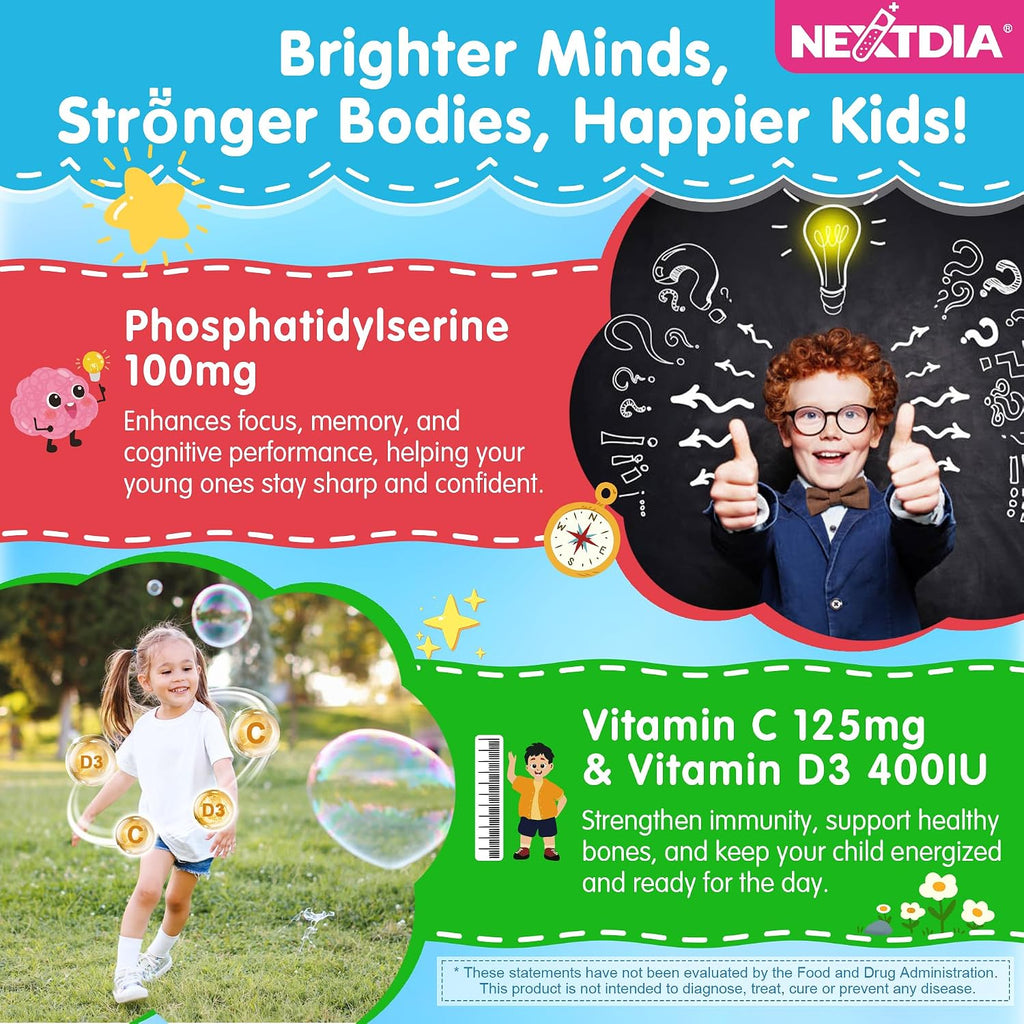 Nextdia Phosphatidylserina 100mg Gomitas para Niños y Adolescentes - Con Vitamina C y D3 - Sin Azúcar, Vegano, Sin Gluten - 2 Paquetes
