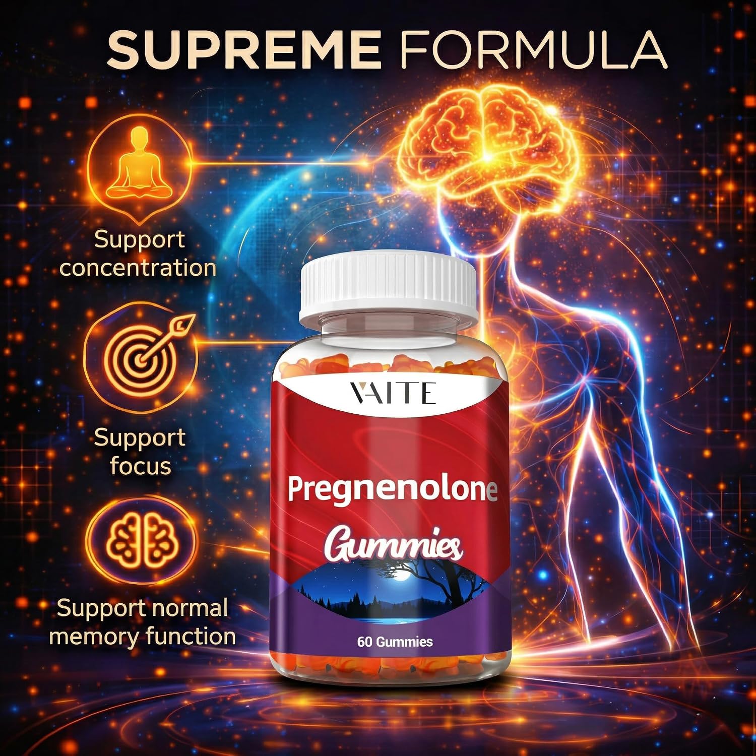 Pregnenolona 100 mg + Glicina - Suplemento para la Memoria y Equilibrio Hormonal - 60 Gomitas Veganas