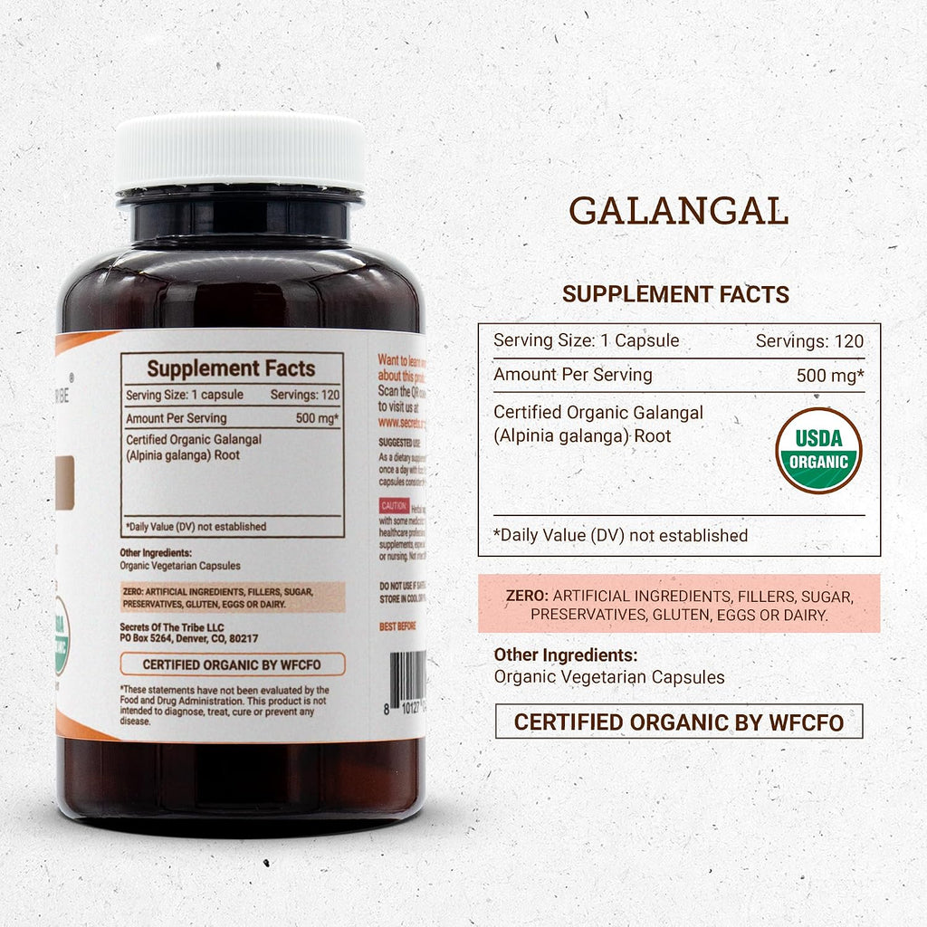 Secrets of the Tribe Galangal Ecológico USDA | Cápsulas Vegetales de Raíz de Galanga (Alpinia Galangal) Orgánica (120 Cápsulas)