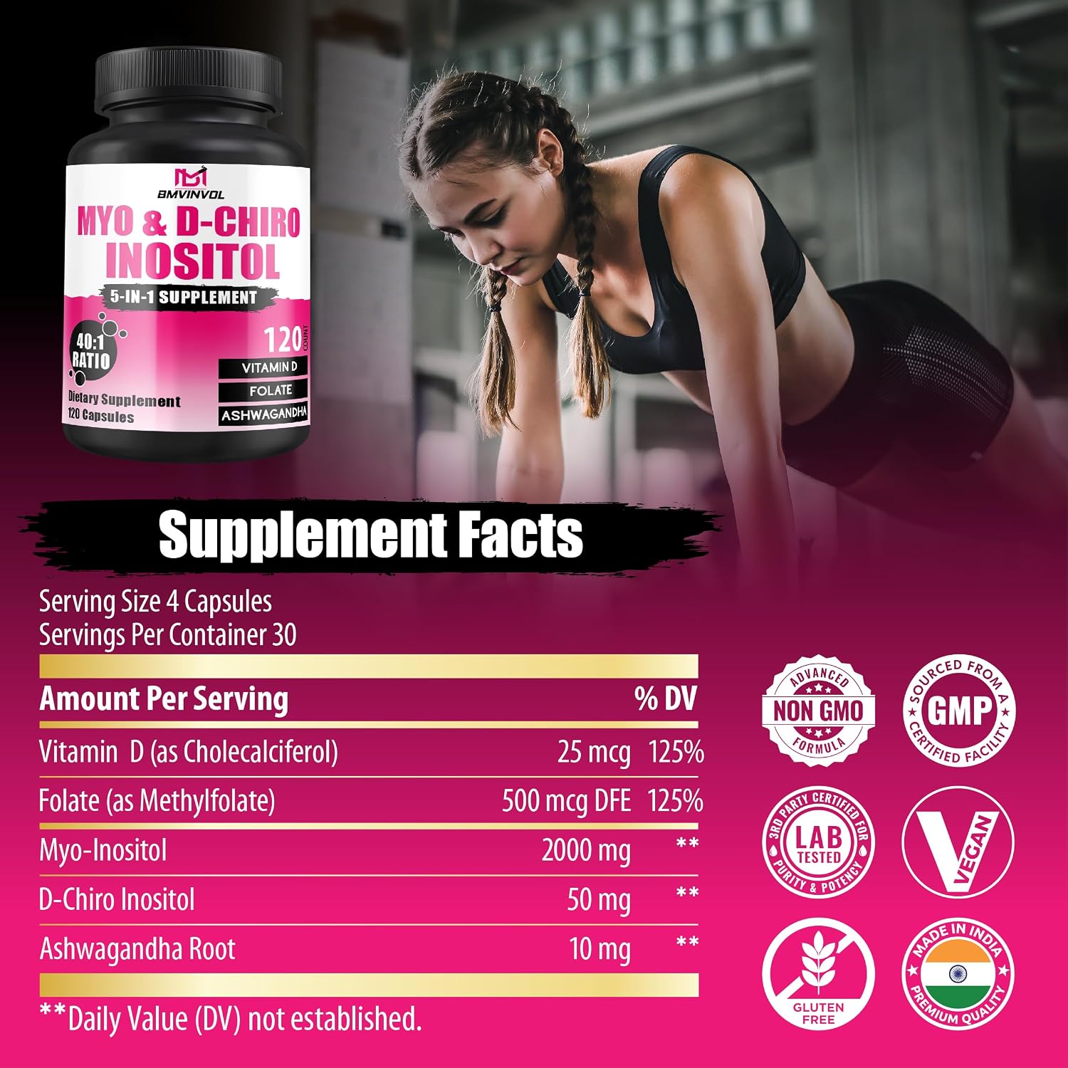 BMVINVOL Myo-Inositol y D-Chiro Inositol 2050mg con Folato, Vitamina D y Ashwagandha - 120 Cápsulas
