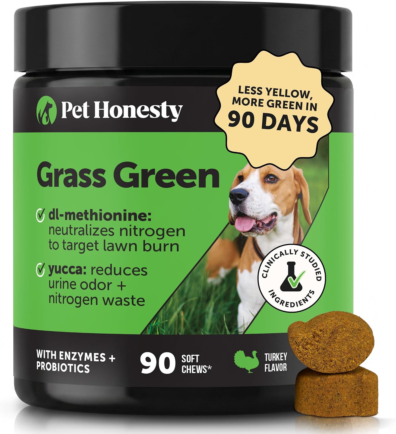Pet Honesty Grass Green - Neutralizador de Orina para Perros con dl-Metionina, Probióticos y Enzimas - 90 Masticables Sabor Pavo