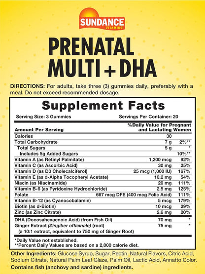 Sundance Prenatal Gummy Vitamin for Women | with DHA & Folate | 60 Count | Fruit Flavor | for Use Before, During, and After – Image 2