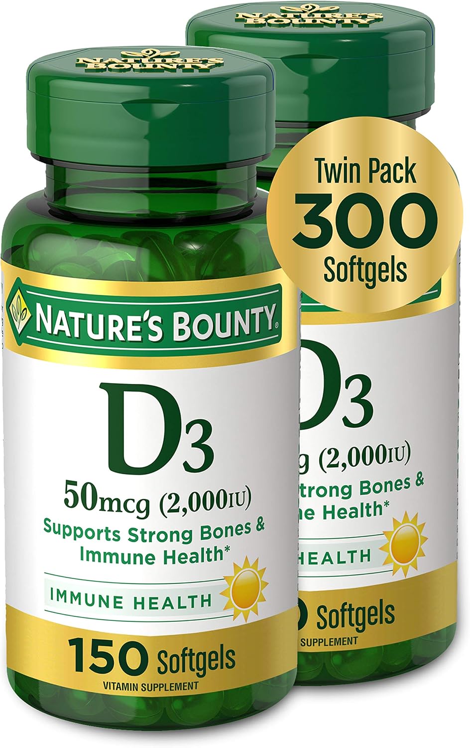 Nature's Bounty Vitamina D3 2000 UI, 150 Cápsulas Blandas (Paquete de 2)