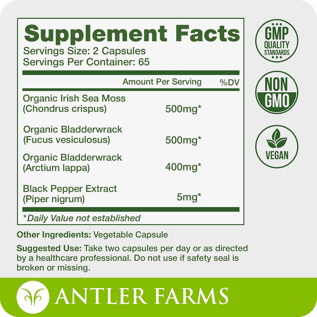 Antler Farms – Complejo de Musgo Marino Puro 130 Cápsulas – Musgo Irlandés Silvestre, Bladderwrack y Raíz de Bardana – Mezcla Potente para el Bienestar, Vegano, Sin Gluten, Soja ni Lácteos