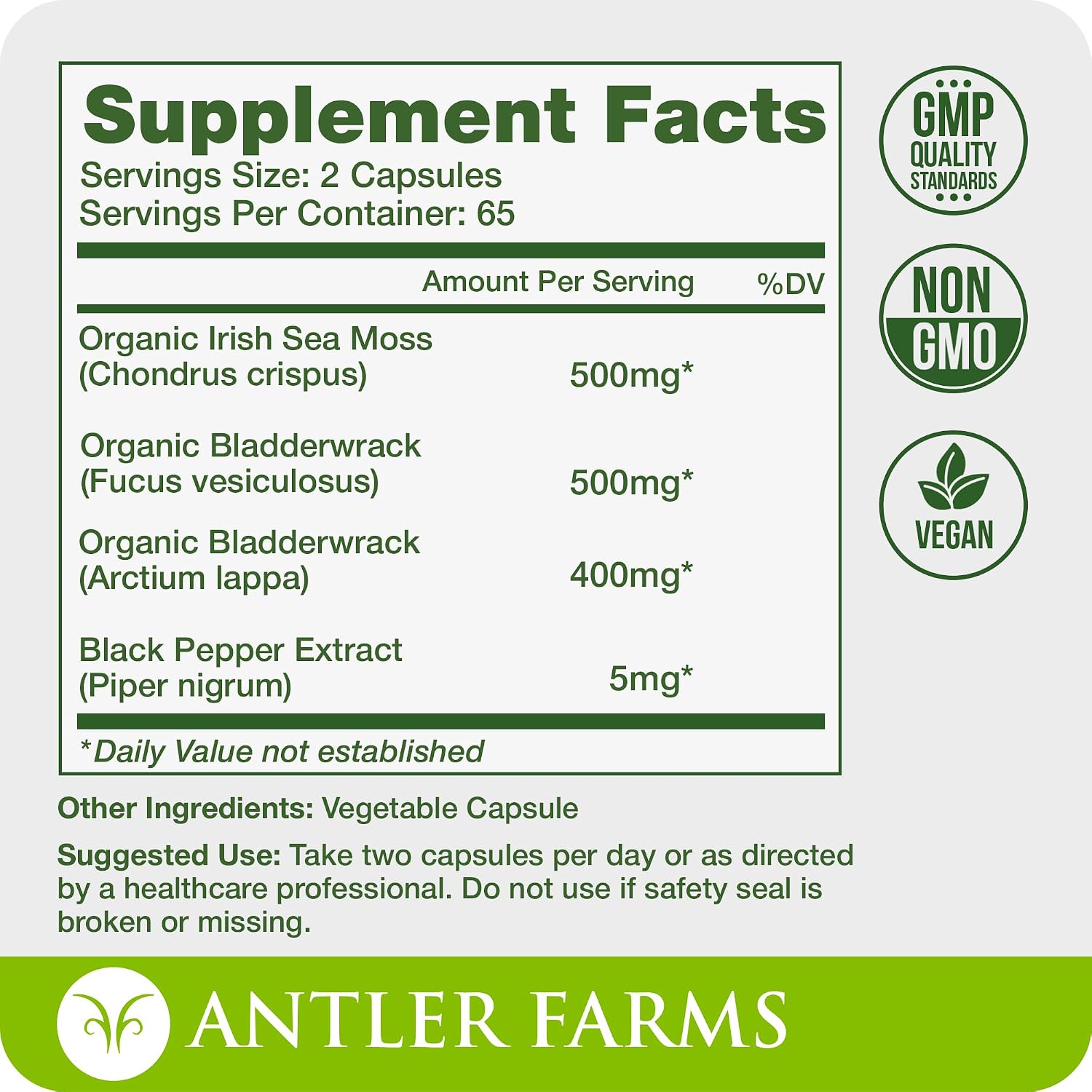 Antler Farms – Complejo de Musgo Marino Puro 130 Cápsulas – Musgo Irlandés Silvestre, Bladderwrack y Raíz de Bardana – Mezcla Potente para el Bienestar, Vegano, Sin Gluten, Soja ni Lácteos