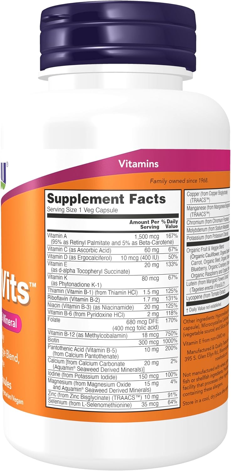 Now Foods Daily Vits con Mezcla de Frutas y Verduras, Luteína y Licopeno, 120 Cápsulas Vegetales