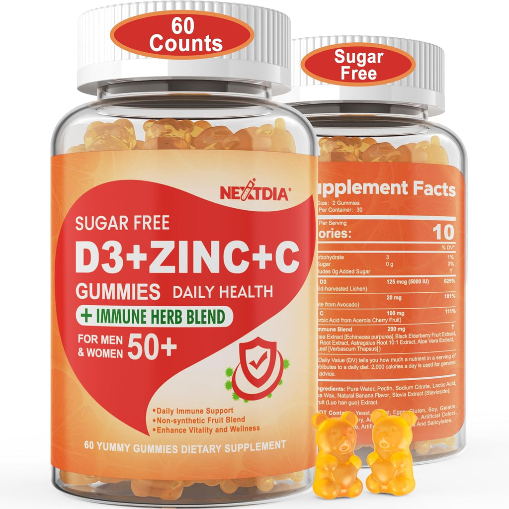 Gominolas Sin Azúcar de Vitamina C + D3 + Zinc para Adultos 50+, 9 en 1 Suplemento Defensa Inmune con D3 5000IU, Saúco, Equinácea, Gordolobo, Antioxidante, Vegano (Pack de 1)