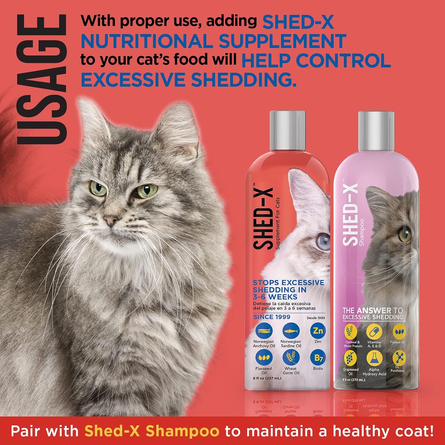 Shed-X Suplemento Líquido para Gatos, 8 oz – 100% Natural – Control de Muda Excesiva con Ácidos Grasos Esenciales, Vitaminas y Minerales