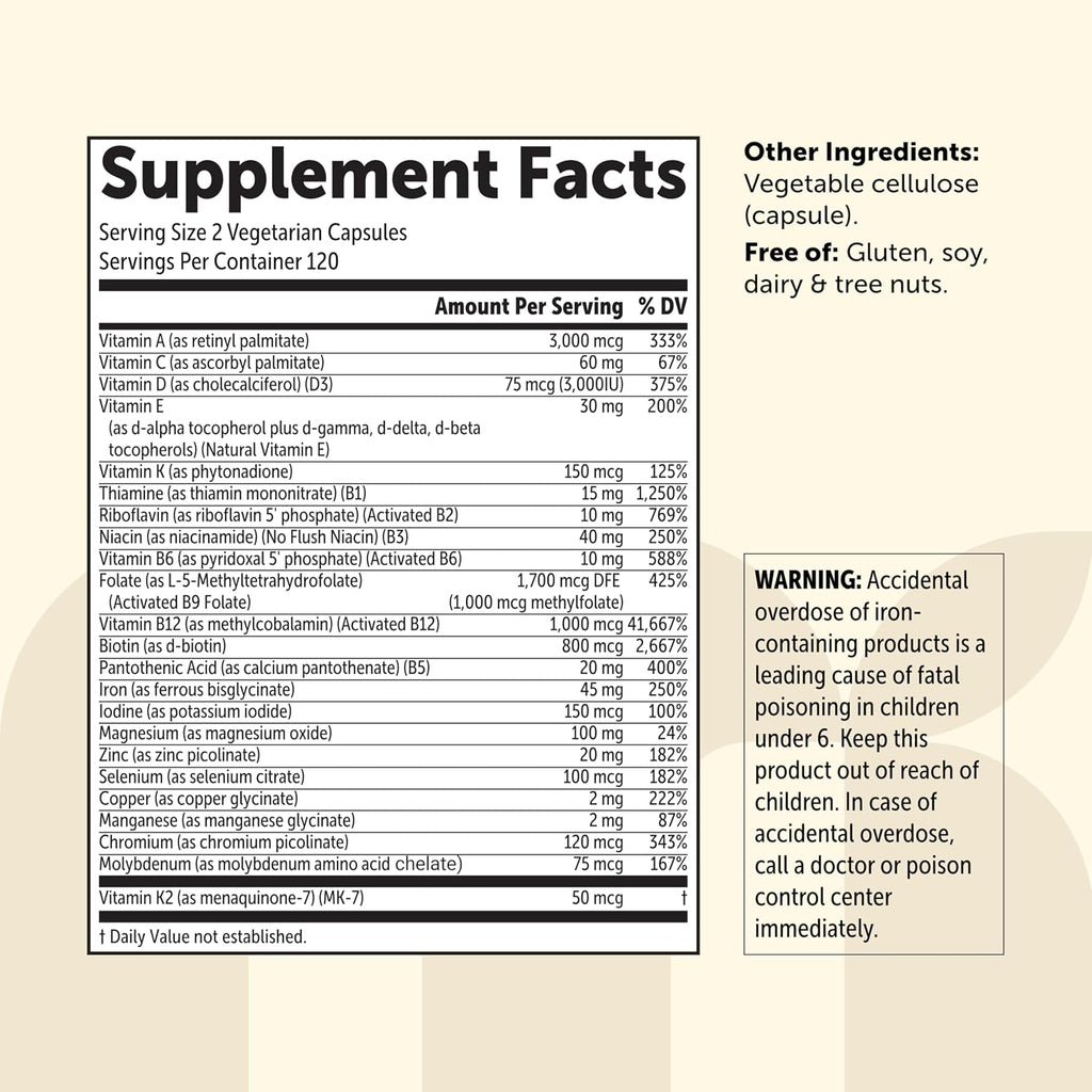 Micro Ingredients Multivitamínico Bariátrico Metilado con 45mg de Hierro para Mujeres y Hombres, 240 Cápsulas Vegetales | 23 Vitaminas Esenciales con D3, K2, Zinc y Más | Sin Rellenos, No Transgénico