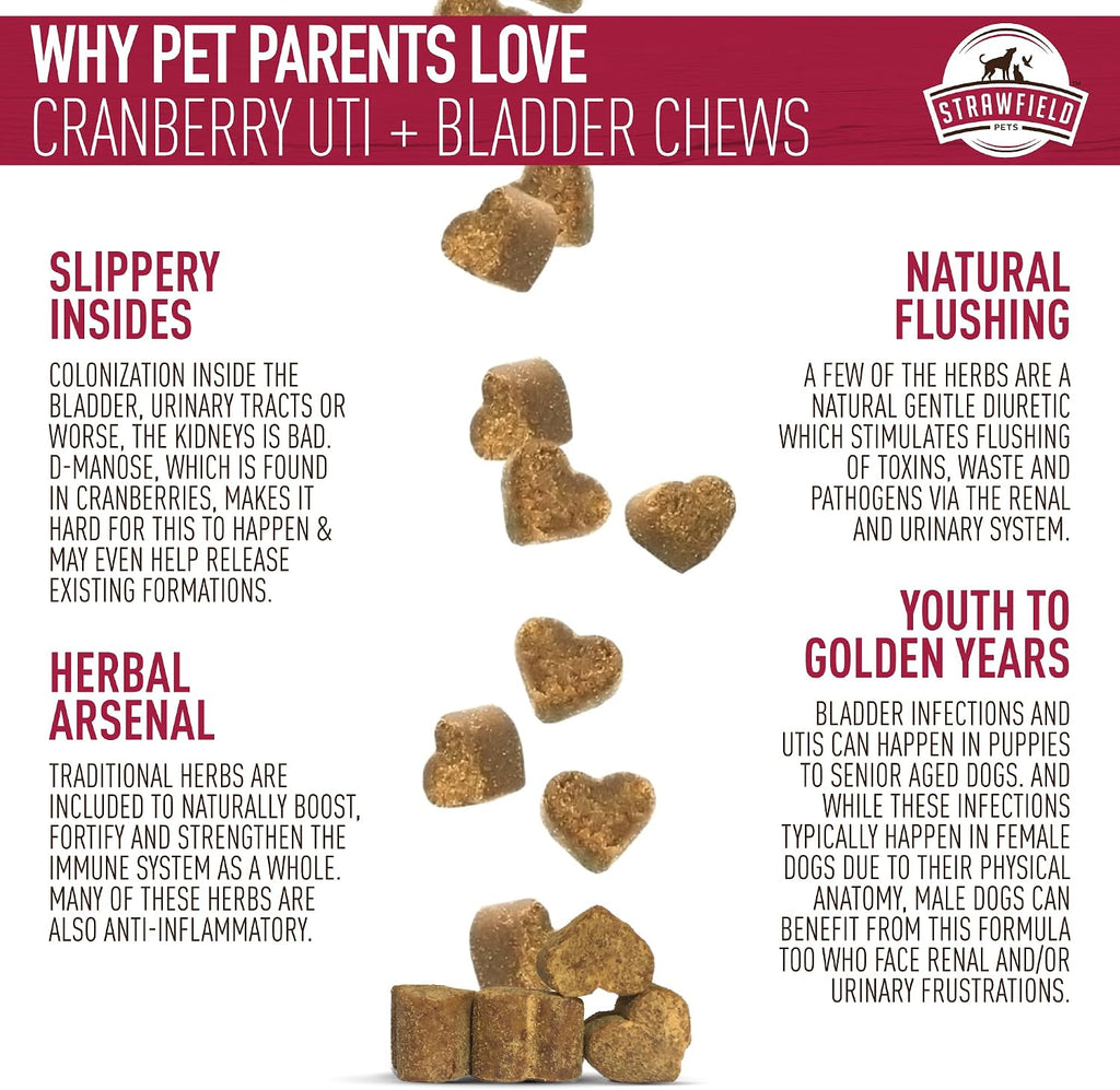 Strawfield Pets Cranberry Bladder & UTI Chews para Perros con D-Mannosa + Vitamina C - Snacks Blandos Sabor Bacon (120 unidades)