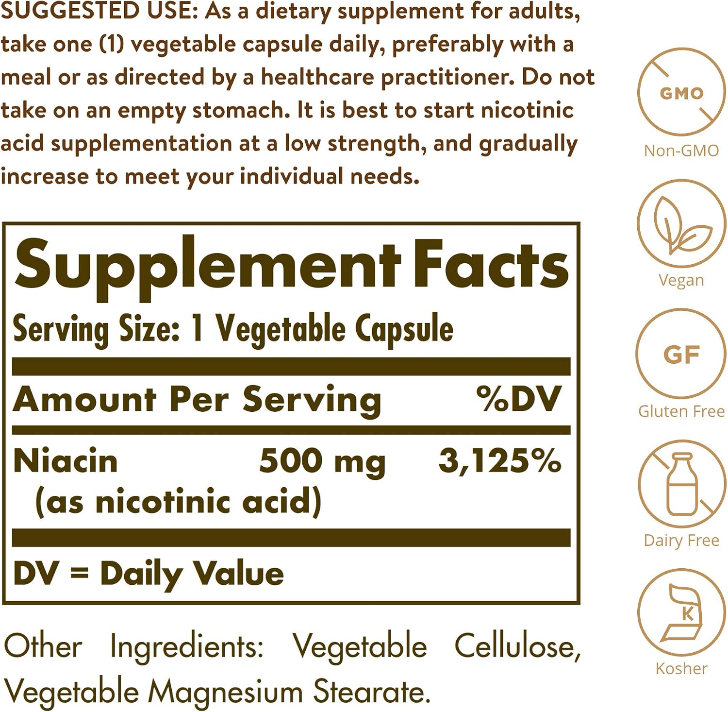 Solgar Niacin (Vitamin B3) 500 mg, 250 Vegetable Capsules