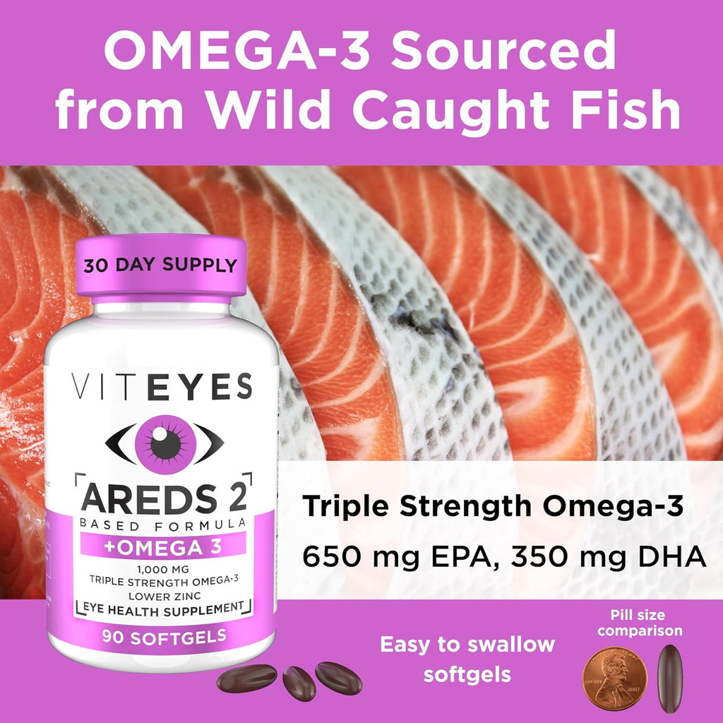 Viteyes AREDS 2 + Omega-3 Fórmula para la Salud Macular, Cápsulas Blandas, Omega-3 Triple Fuerza (650 mg EPA, 350 mg DHA), 90 Cápsulas