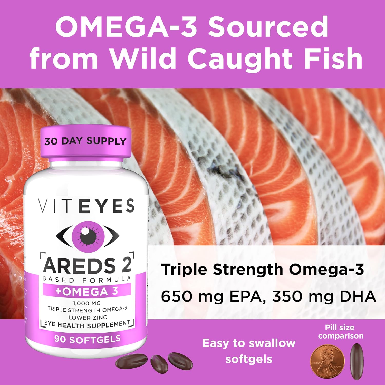 Viteyes AREDS 2 + Omega-3 Fórmula para la Salud Macular, Cápsulas Blandas, Omega-3 Triple Fuerza (650 mg EPA, 350 mg DHA), 90 Cápsulas