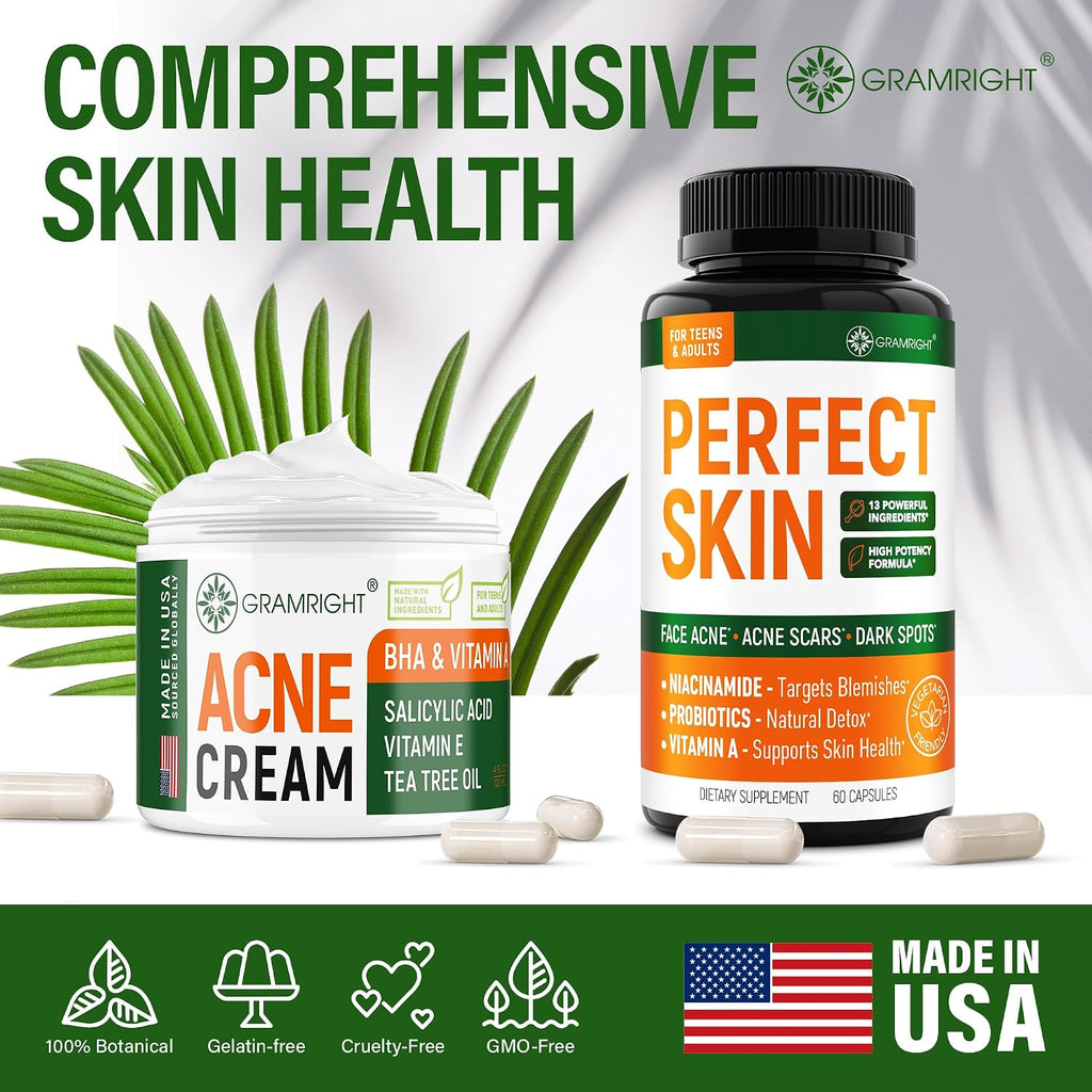 Perfect Skin Acne Pills - Suplemento Antiacné con Niacinamida, Probiótico, Zinc y Vitamina A - 60 Cápsulas