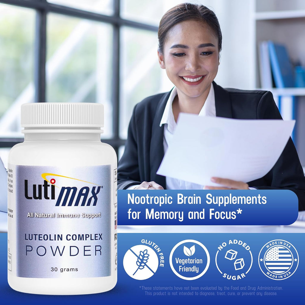 Lutimax Luteolin Complex en Polvo con Rutina - Suplemento Cerebral para Memoria y Enfoque - 100 porciones