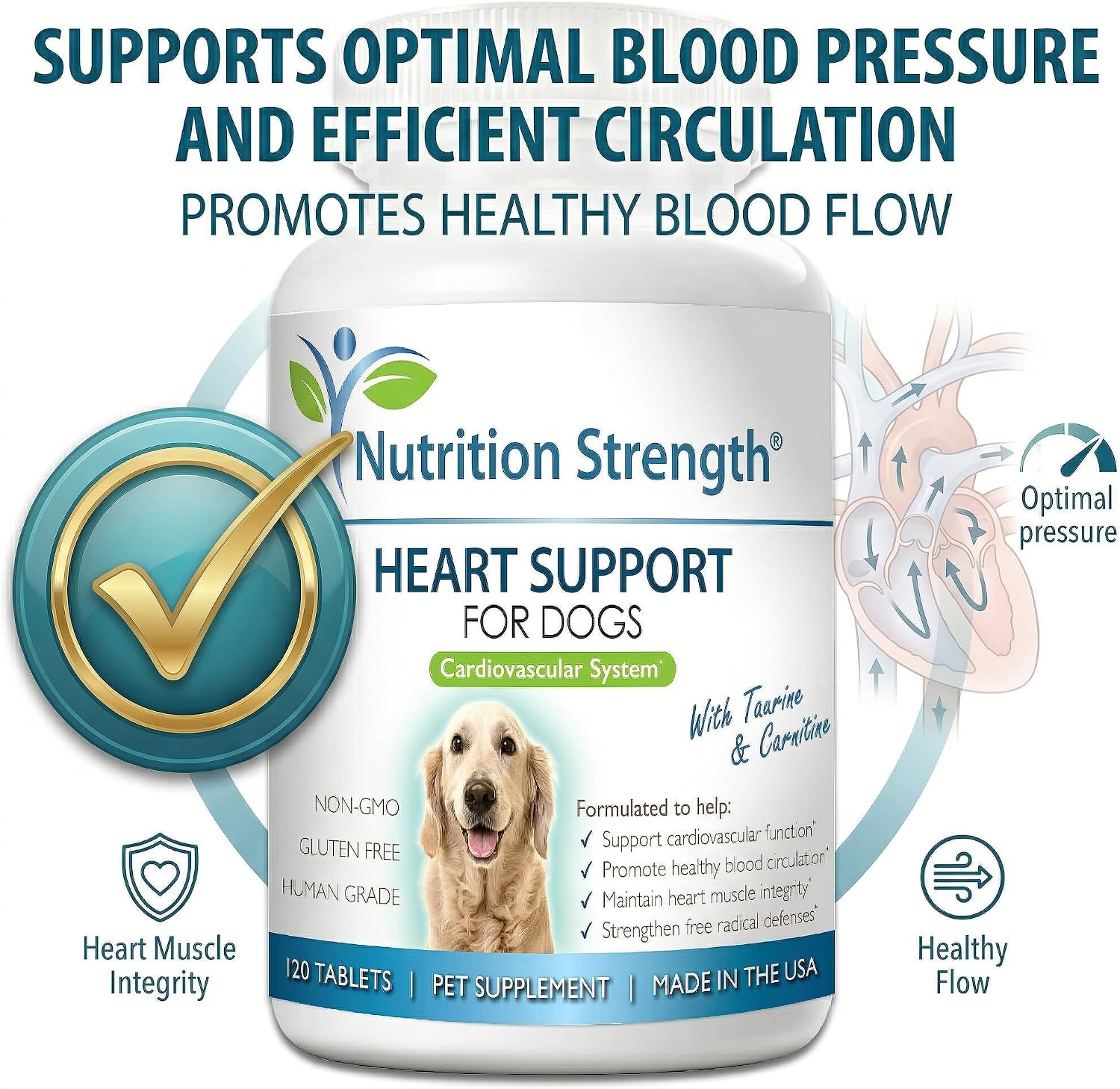 Nutrition Strength Apoyo cardíaco para perros con taurina y carnitina, 120 comprimidos masticables