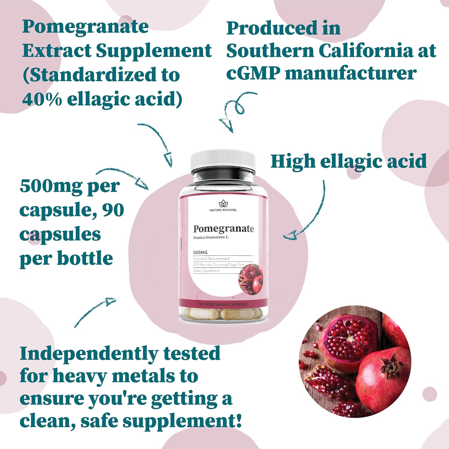 Nature Restore Granada Extract, Standardized to 40% Ellagic Acid, 500mg, 90 Capsules
