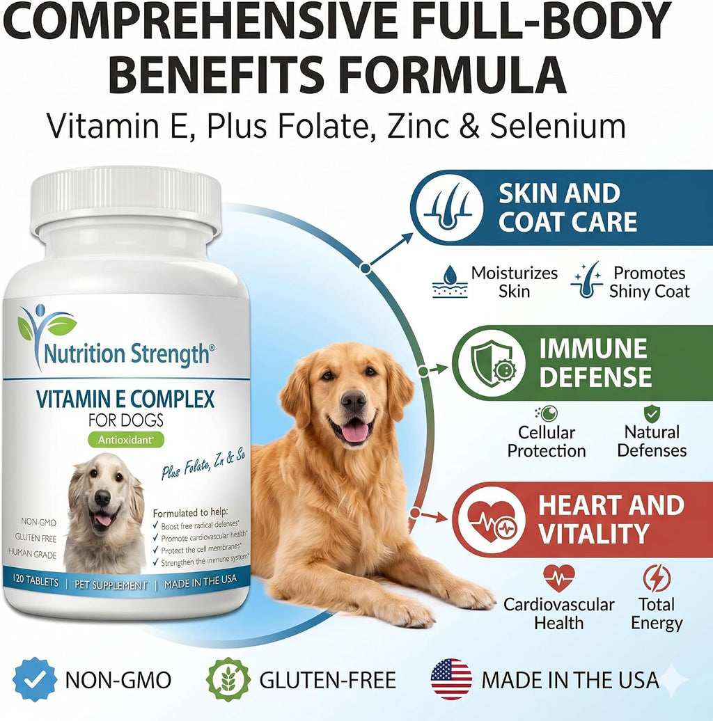 Complejo de Vitamina E para Perros con Zinc, Selenio, Folato y Aceite de Salmón - 120 Comprimidos Masticables