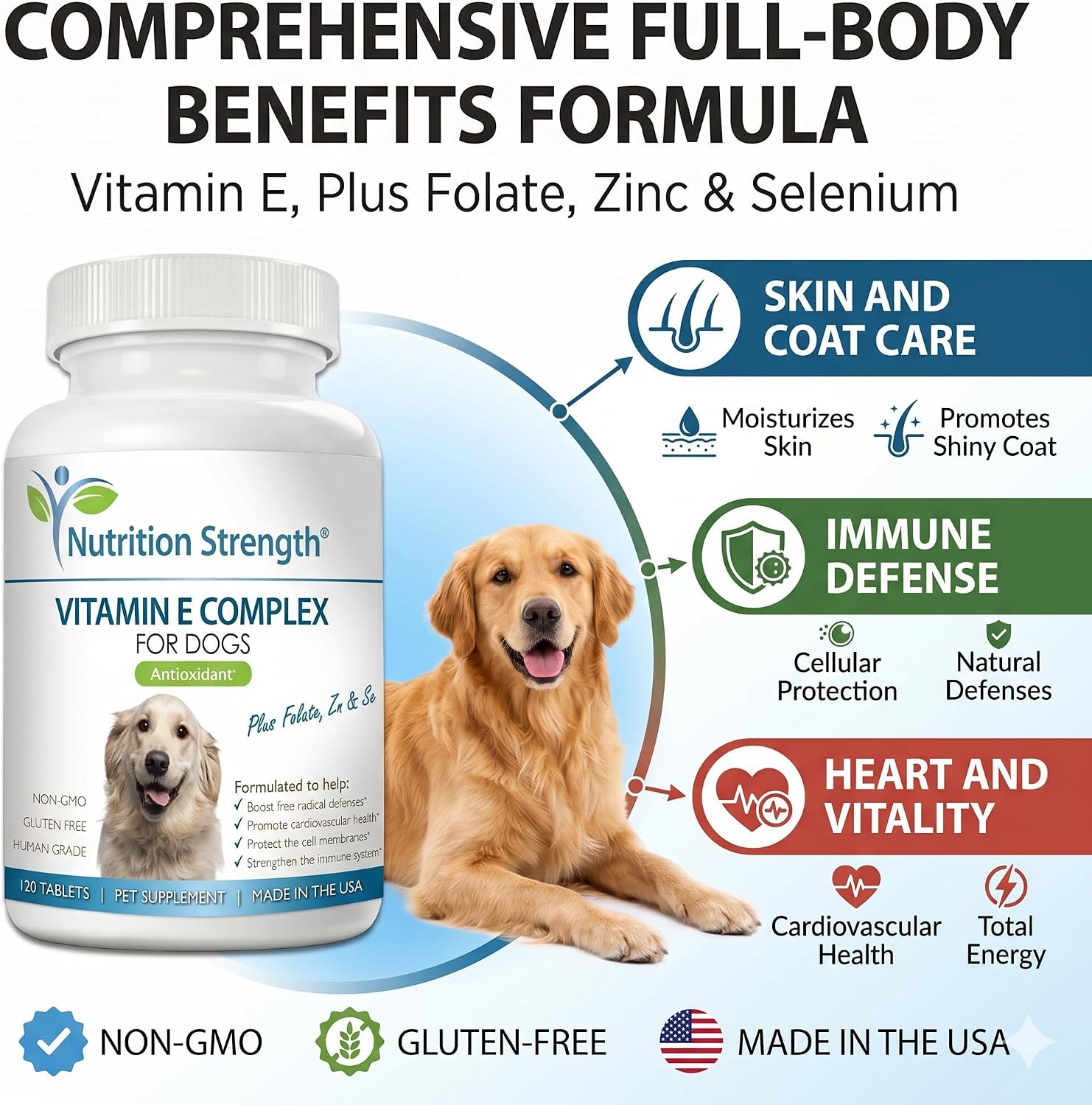 Complejo de Vitamina E para Perros con Zinc, Selenio, Folato y Aceite de Salmón - 120 Comprimidos Masticables