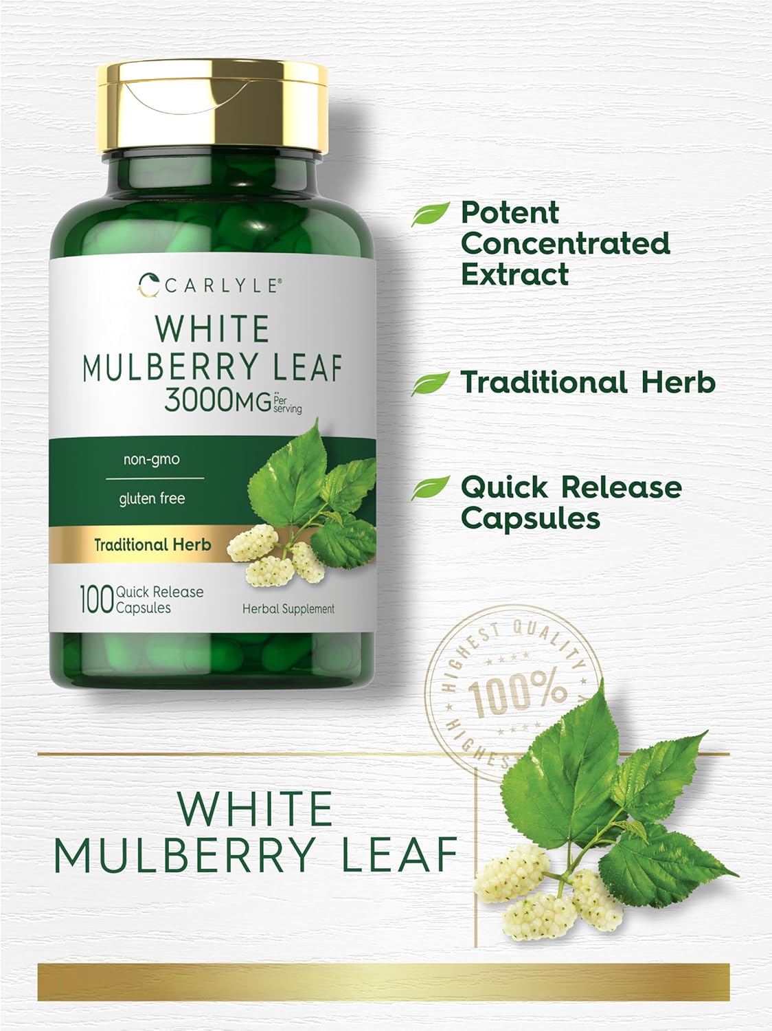 Carlyle Extracto de Hoja de Morera | 100 Cápsulas | Suplemento Herbal No-GMO y Sin Gluten