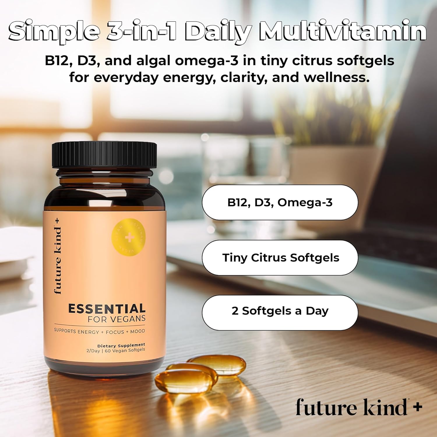Future Kind Multivitamínico Diario 3 en 1 - Vegano con B12, D3 y Omega-3 - 60 Cápsulas Blandas