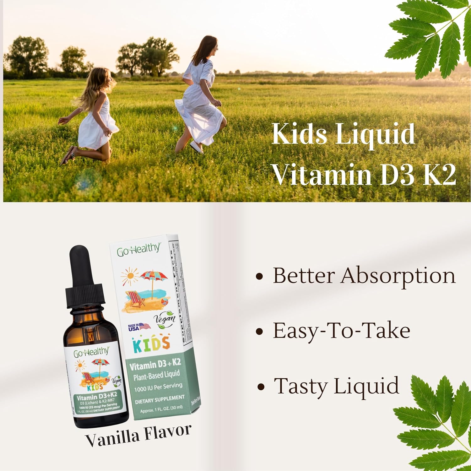 Go Healthy Kids Vitamin D3 K2 (MK-7) Gotas Líquidas Veganas para Niños - Sabor Vainilla - 30 Dosis