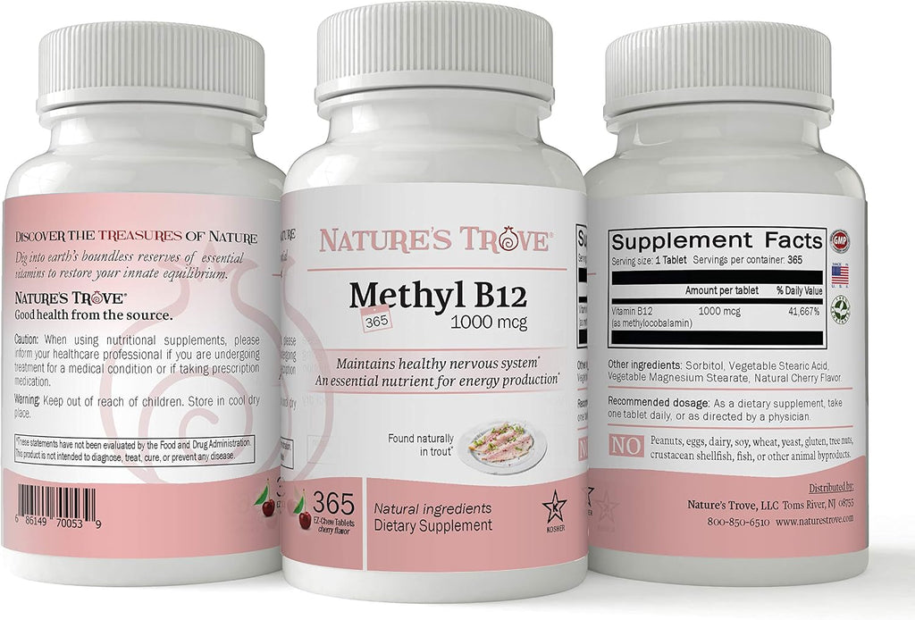 Vitamina B12 Metilcobalamina 1000 mcg, 365 Comprimidos Masticables Sabor Cereza