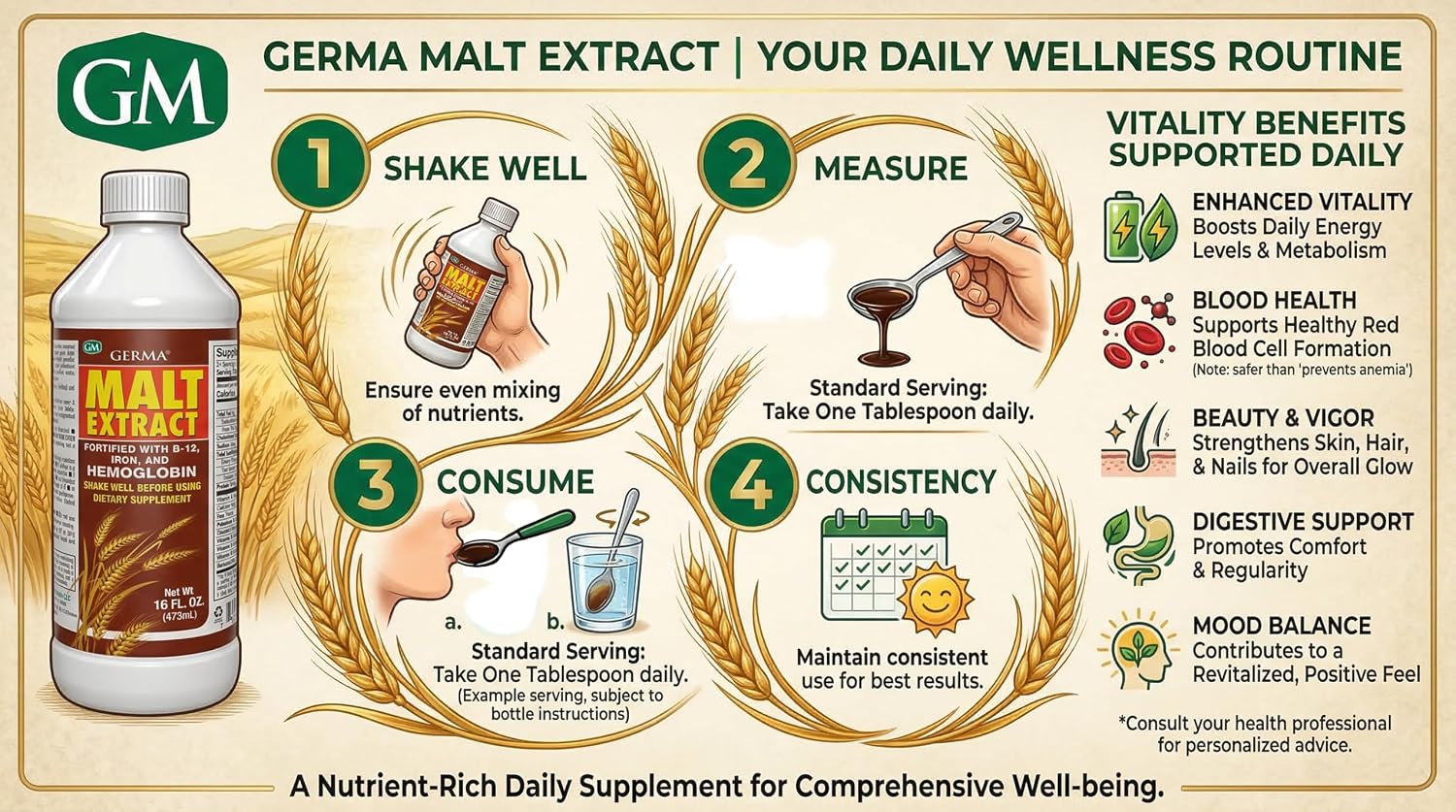 Germa Extracto de Malta – Suplemento dietético líquido para energía y vitalidad – Rico en vitaminas B y minerales esenciales – Apoyo nutricional tradicional – 16 fl oz