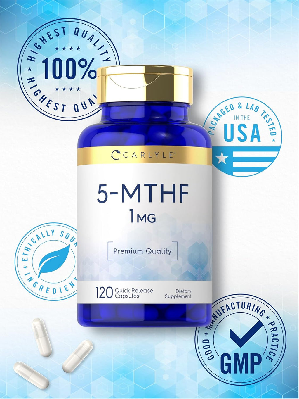 Carlyle 5-MTHF L Metilfolato 1mg | 120 Cápsulas | Complemento No Transgénico y Sin Gluten