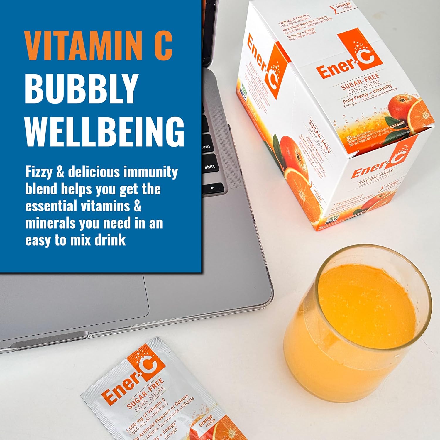 Ener-C Vitamina C 1000mg sin Azúcar y Ener-D Vitamina D3 Naranja Paquete Multivitamínico en Polvo